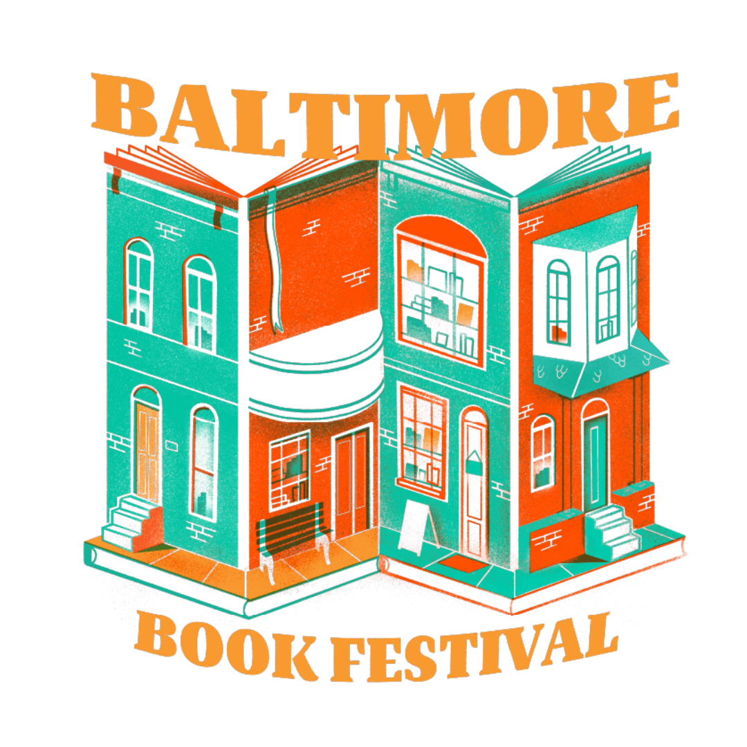 Baltimore Book Festival logo, with letters in front of a drawing of rowhouses opening like books