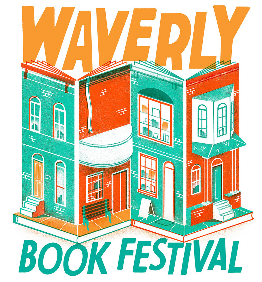Waverly Book Festival logo, with letters in front of a drawing of rowhouses opening like books